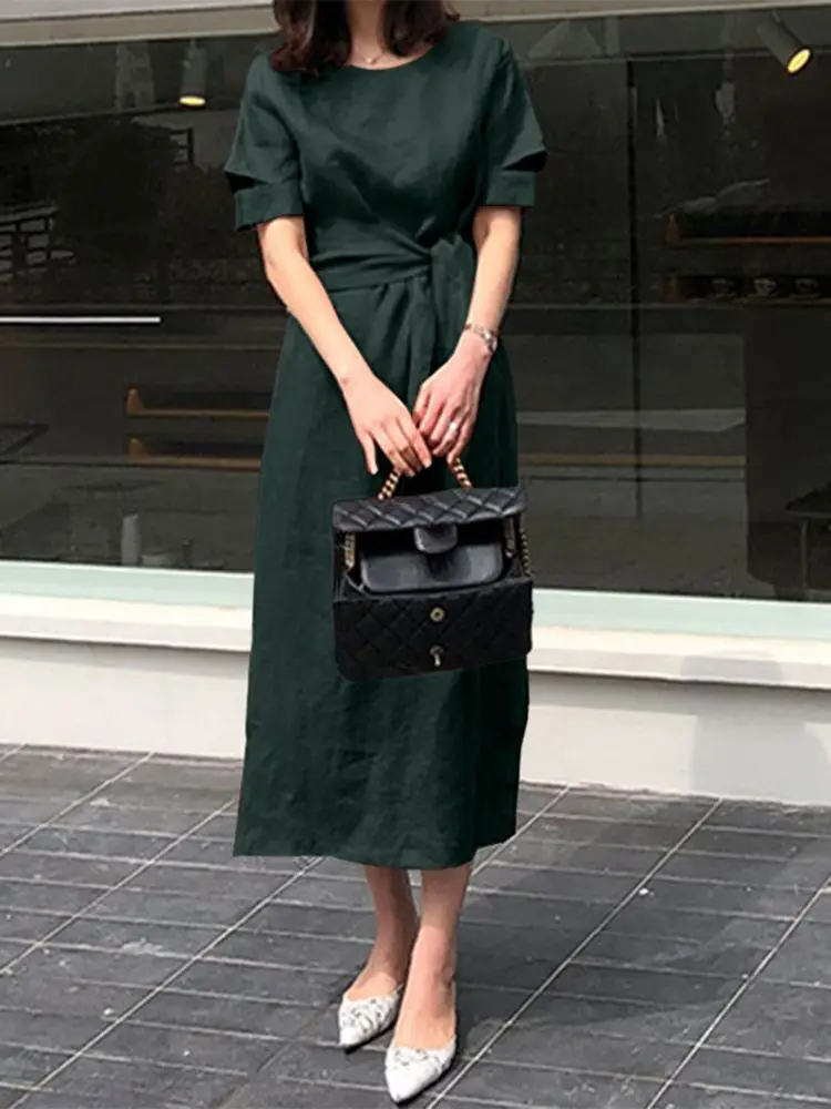 

Elegant Women Short Sleeve Work OL Vestidos ZANZEA Korean Fashion Summer Dress Solid Casual Midi Sundress Robe Femme Kaftan
