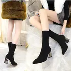 Женские ботинки, модная обувь с острым носком для женщин, новинка сезона осень-зима 2021, эластичные короткие ботинки на толстом каблуке, большие размеры