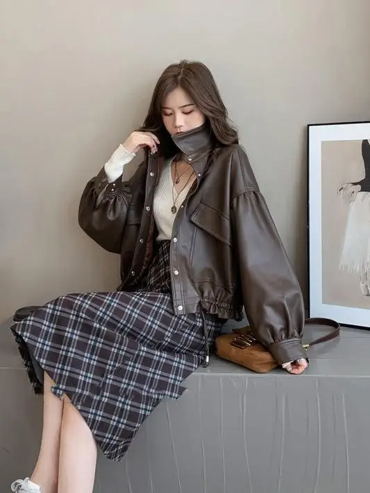 Кожаное пальто верхняя одежда для женщин весна-осень 2024 новая корейская