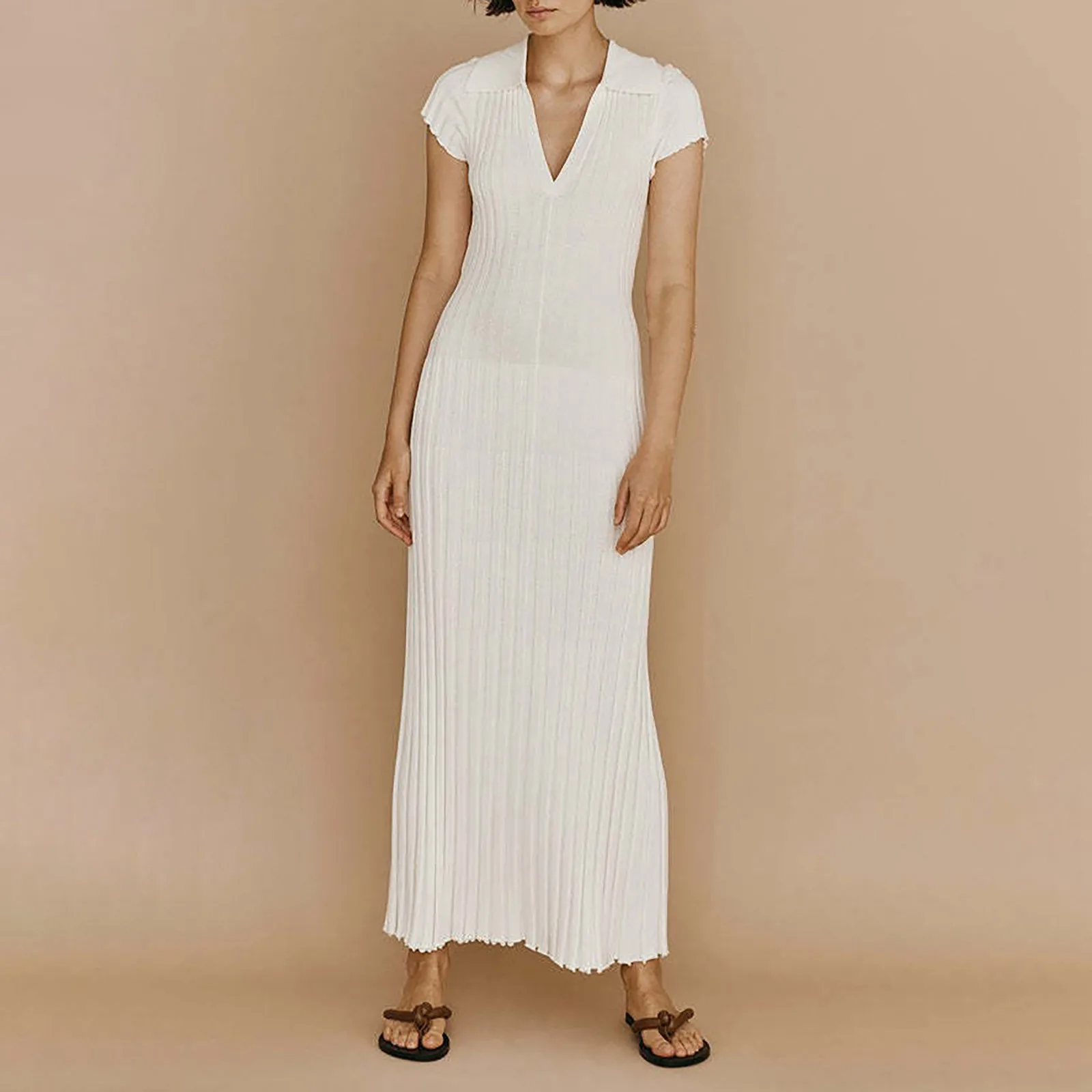

Women Temperament City Casual Knitted Waist Lapel V Neck Pits Thin Knitted Dresses Womens Outfits Summer