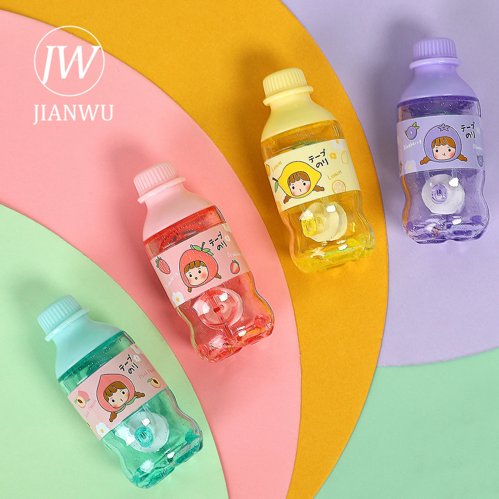 JIANWU 4 Pcs/Set Creative Cute Drink Bottle Shape Dot Glue 5m*5mm Strong Double-sided Roller Adhesive Tapes  Kawaii Stationery