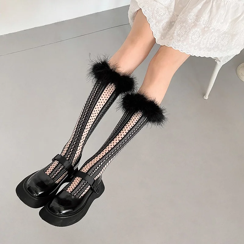 

Black White New Millennium Y2K Spice Girl Feather Fashion Trend Lolita Glass Fiber JK Soft Sister Long Tube Crystal Pile Socks
