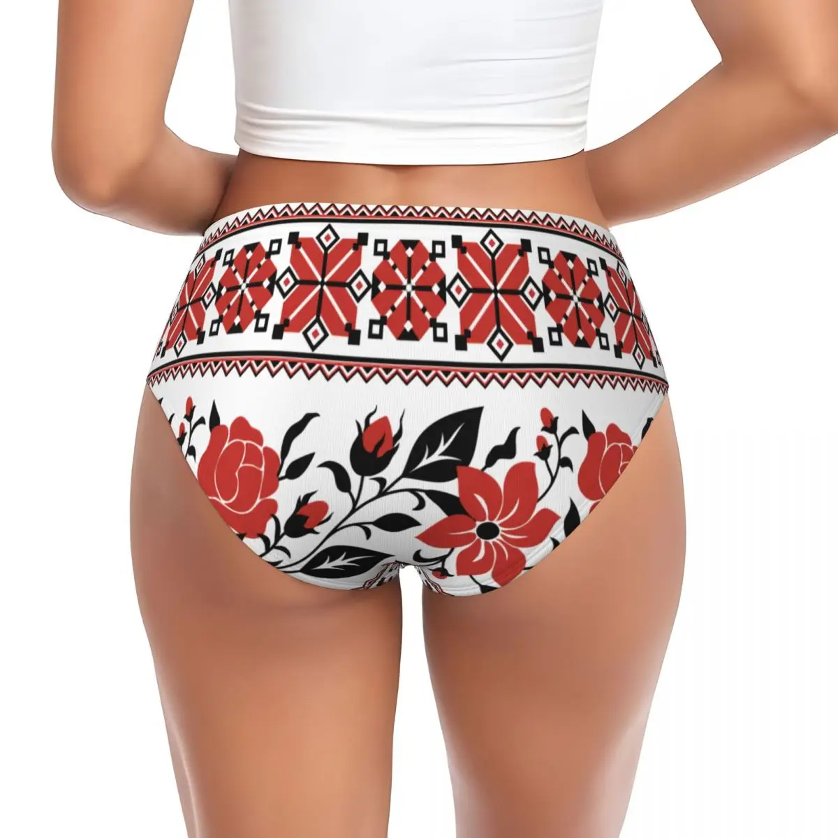 Custom Print With Red Rose And Mallow Ukrainian Traditional Embroidery Panties Underwear Female Vyshyvanka Briefs Underpants