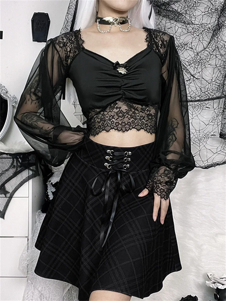 

Женский укороченный топ на пуговицах, черный облегающий Топ с длинным рукавом и кружевной отделкой в стиле гранж, y2k, 2022