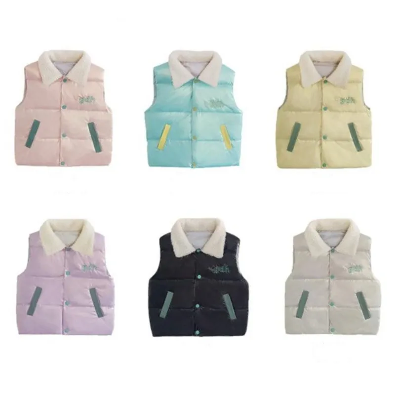 

Осенний детский жилет с отворотом для девочек, пуховой жилет с мультяшным принтом букв, детское зимнее теплое пальто без рукавов, жилет из г...
