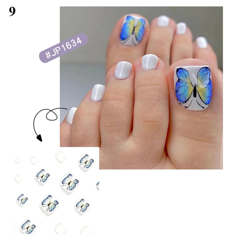 3D Glitter Decor Wearable False Toe Nails With Glue Full Cover Removable Square Short Fake Toenails False Foot Nail Art DIY images - 6