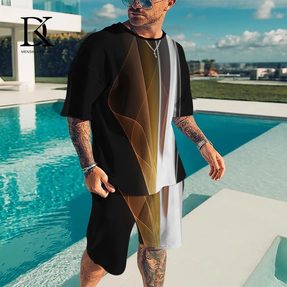 

DK Men's Tracksuit O-neck TShirt 2 Piece Sets Gradient Color 3D Printed Jogging Fitness Summer Oversized Sportswear Shorts Suit