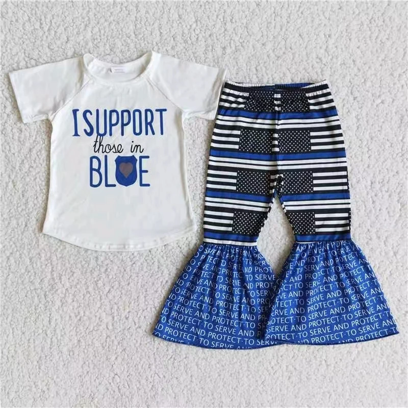 

high quality children clothing girl clothing set white short sleeve print top and bell bottom pant oufit kids boutique outfit