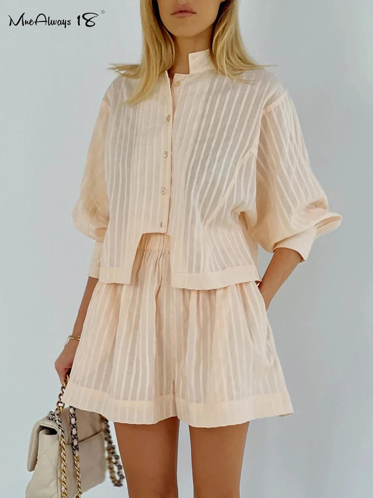 

Mnealways18 Apricot Jacquard Women Shorts Two Piece Vacation Outfits Elegant Stripe Shirts Wide Legs Shorts Summer Suits Ladies