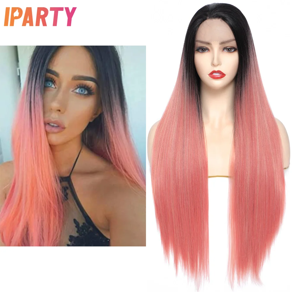 

Iparty Synthetic Lace Front Wigs 28 Inches Ombre Pink Long Straight Wig Multi Color Optional Heat Resistant Fibers Daily