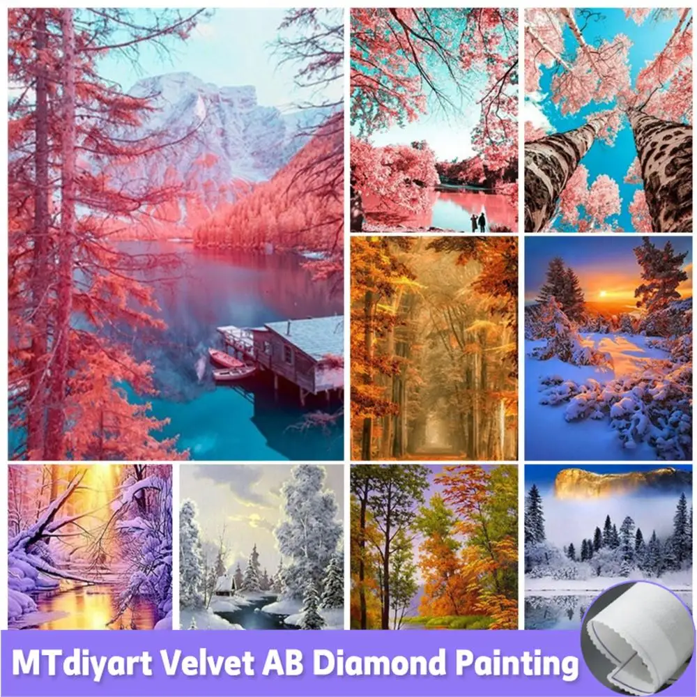 

AB Diamond Painting Autumn Winter Forest Scenery Velvet Canvas Mosaic Kits Snow Lake Full Drill Rhinestone Embroidery DIY