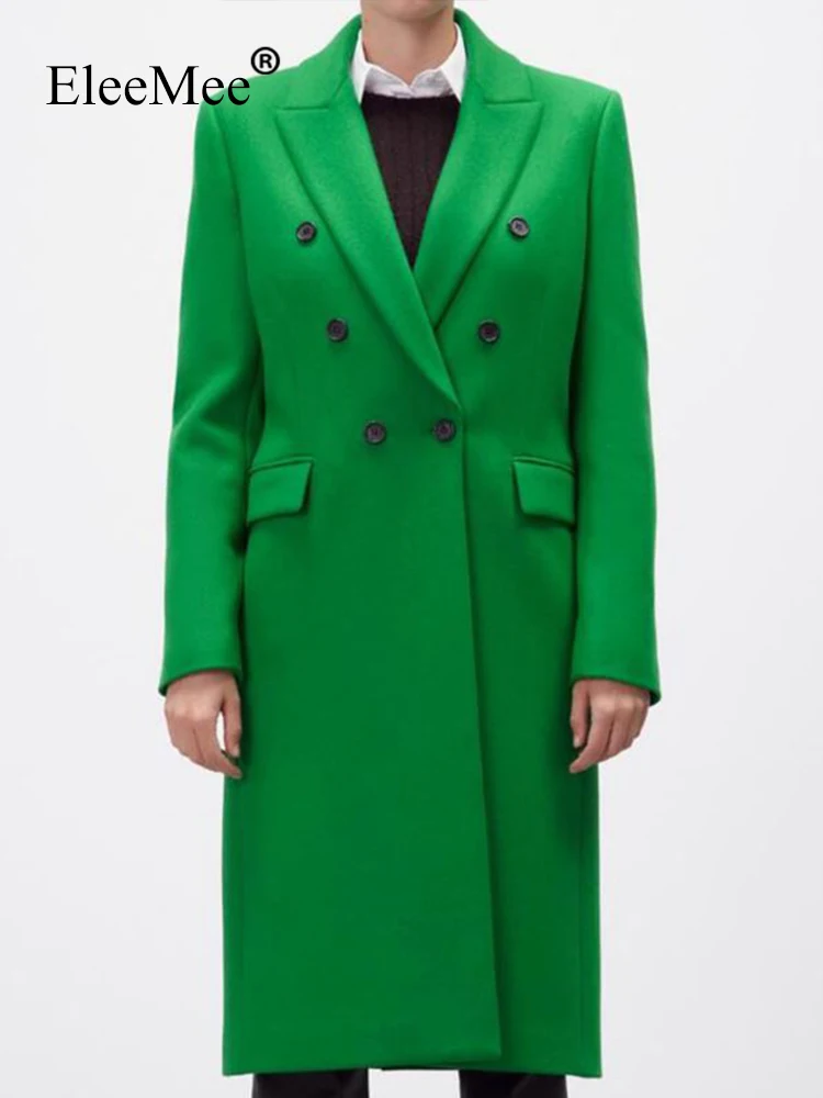 

EleeMee Women Overcoat Double Breasted Long Jacket Green Ins Fashion Coat 2022 Autumn Fashion Jacket Long Blazer Size XS-L