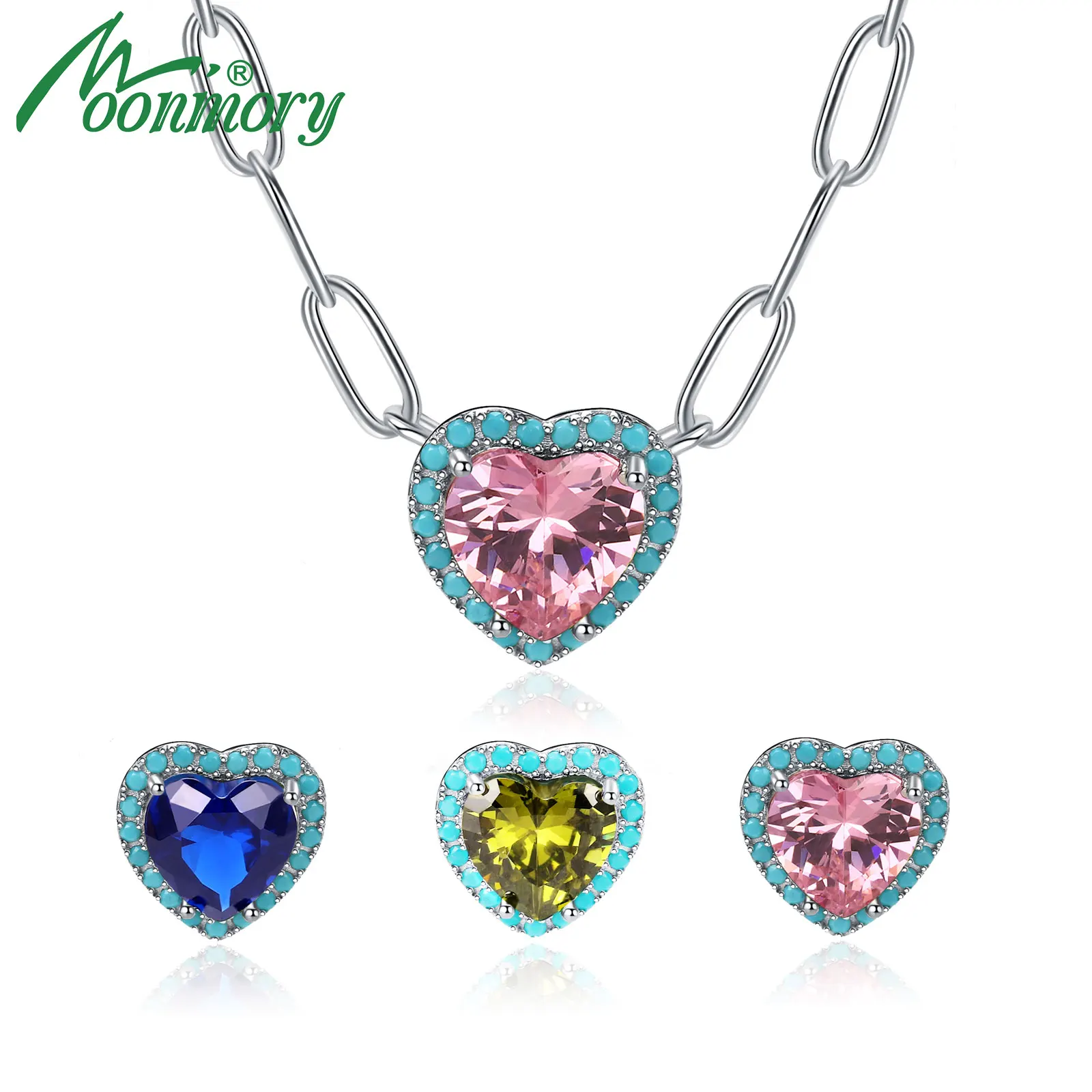 

Moonmory 925 Sterling Silver Birthstone Turquoise Pendent Necklace Fine Heart Zircon paperclip chain For Women Birthday Gift