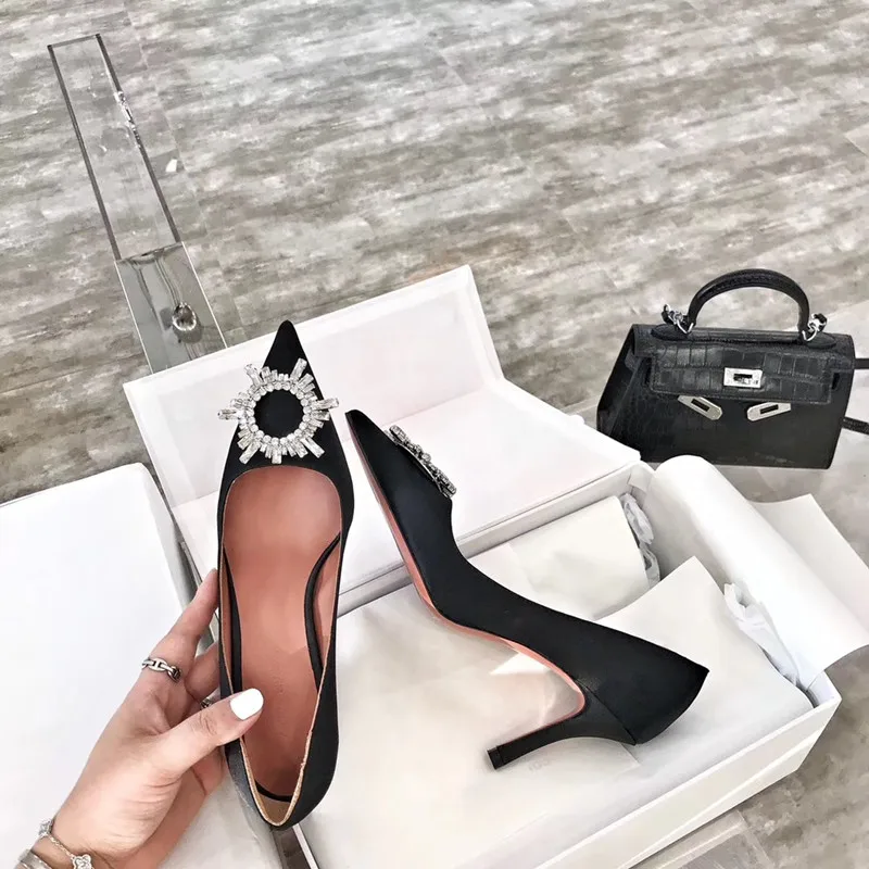 

Новинка 2021, женские туфли с пряжкой, туфли на высоком каблуке с острым носком, атласные туфли для свадьбы, банкета