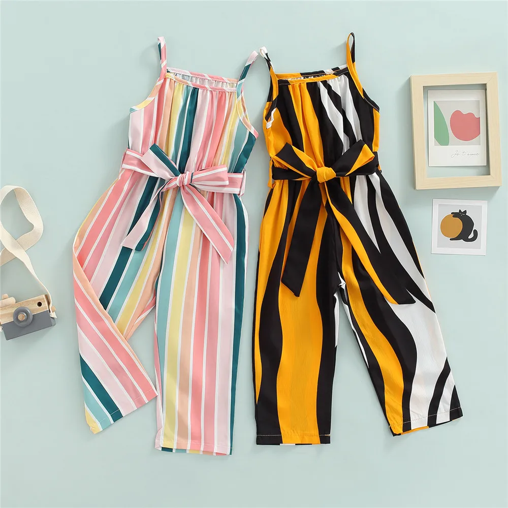

Baby Girl Colorful Striped Jumpsuits Sleeveless Sling Romper with Sashes 1-6Y Toddler Kids Children Summer Casual Outfits New