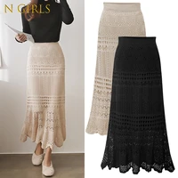 n girls korean new graceful womens knitting long skirts high waist hollow out elastic pattern hem bodycon skirt black khaki