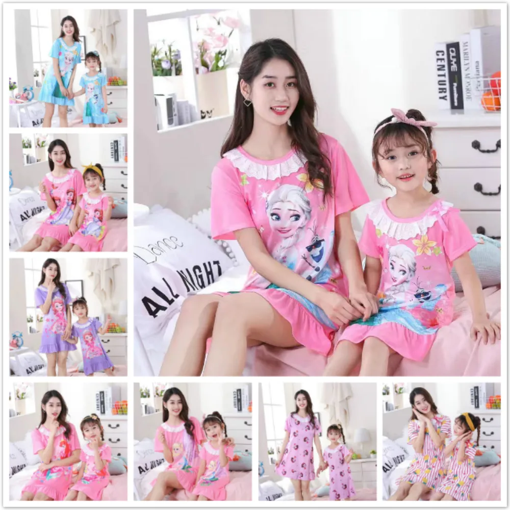Summer Family Matching Clothes Outfits Frozen Anna Elsa Mommy and Me Short Sleeve Dresses Woman Girl Pajamas Dress Kid Sleepwear