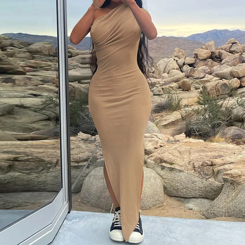

Sexy Maxi Dress Women Elegant Shoulder Side Split Bodycon Birthday Party Club Dresses 2022 Summer Sleeveless Black Robe