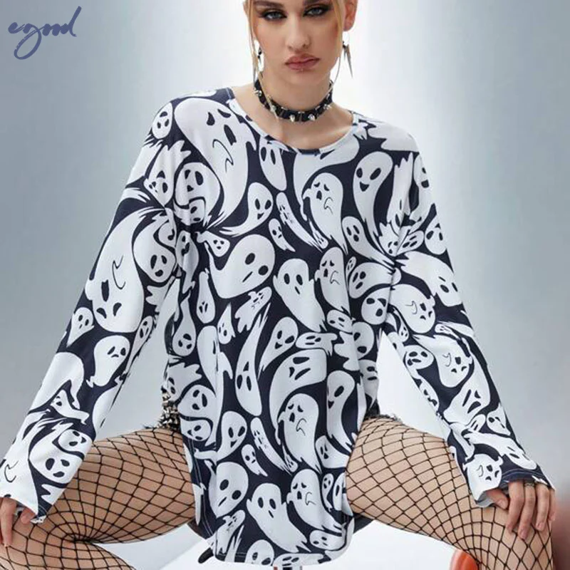 

Хэллоуин, женская осенняя футболка с длинными рукавами, свободный воротник, нерегулярный джемпер, забавный принт, 2023 новая женская одежда
