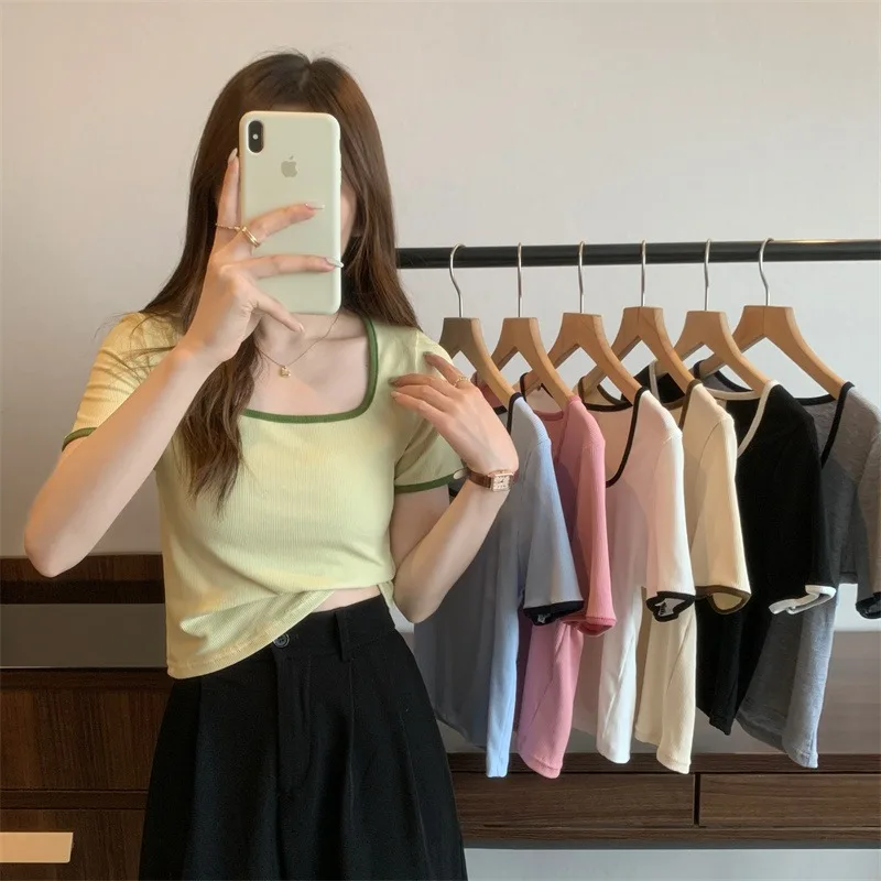 

Summer 2022 new slim fitting short Blouse Top with exposed collarbone square collar, niche chic short sleeve T-shirt women's clo