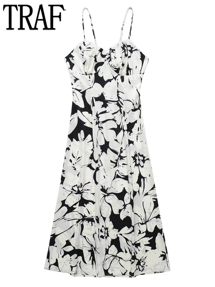 

TRAF Tropical Print Slip Dress Woman Black White Long Dress Women Summer Backless Midi Dresses for Women Straps Camisole Dress