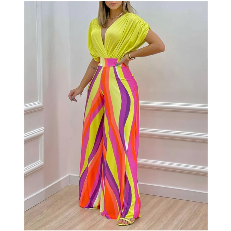 

Summer Deep Batwing Sleeve V Neck Folds Crop Top Shirt High Waist Wide Leg Pants Two Piece Set Women Tracksuit Outfit Streetwear