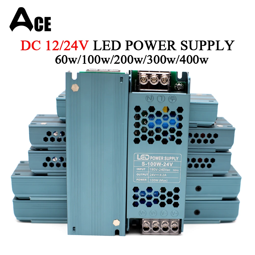 

Ultra Thin LED Power Supply DC 12V 24V Lighting Transformers 60W 100W 200W 300W 400W AC190-240V Converter Driver for Strips