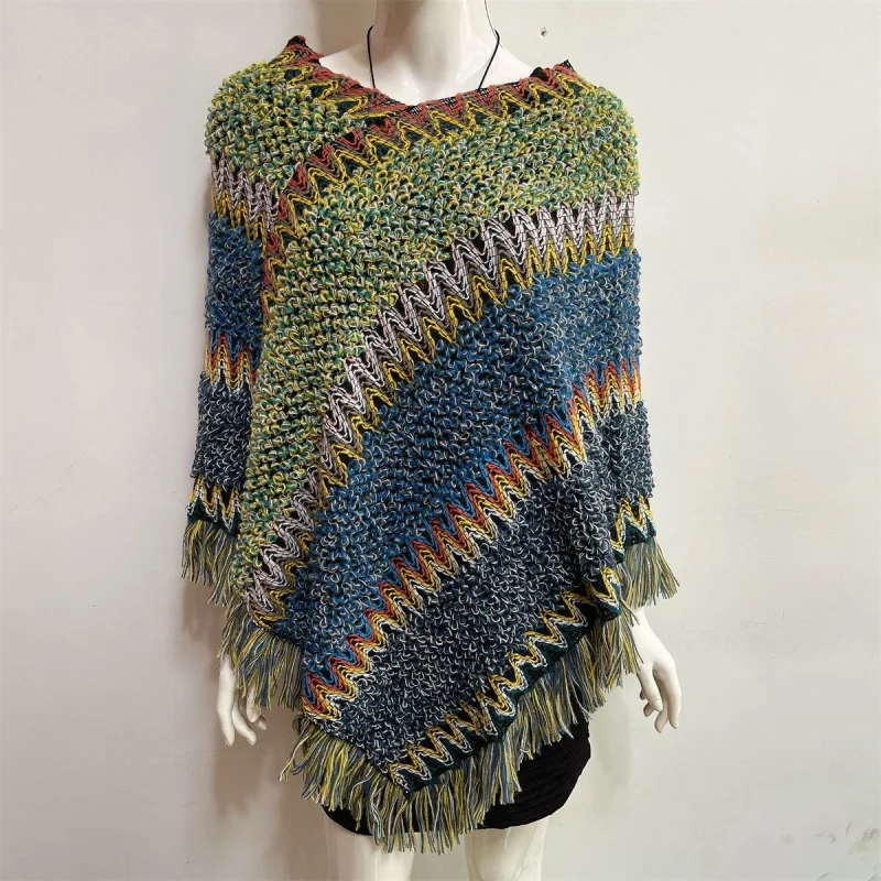

Foreign Trade Direct Supply Autumn and Winter New Ethnic Style Color Matching Irregular Tassel Design Mohair Coat Cape and Shawl