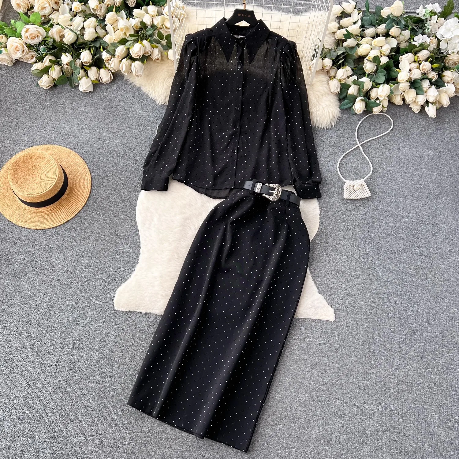 

JAMERARY Women's Autumn Elegant Runway OL Polka Dot Chiffon Shirt Top + Belt Straight Long Skirt Suits Black Two Pieces Set