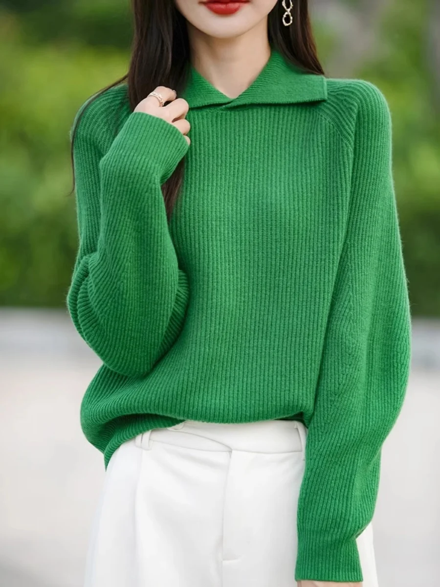 Тяжелый утолщенный свитер с лацканами женский теплый вязаный длинными рукавами