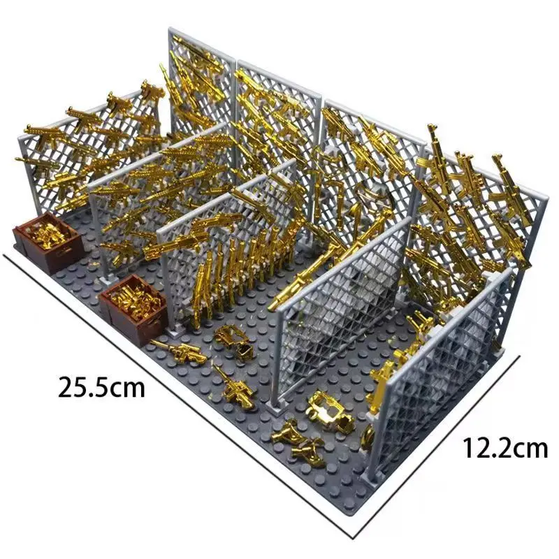 

Soldier Camp City Military Figures Base Building Blocks Steel Wire Gauze Gold Weapon Display PUBG Machinery Room Gift For Boys