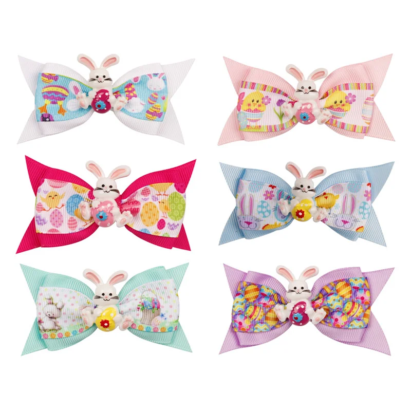 

30pcs/Lot 3Inch Easter Day Hairbow for Girls Kids Handmade Printed Ribbon Rabbits Bowknot Hairgrips Hair Accessories