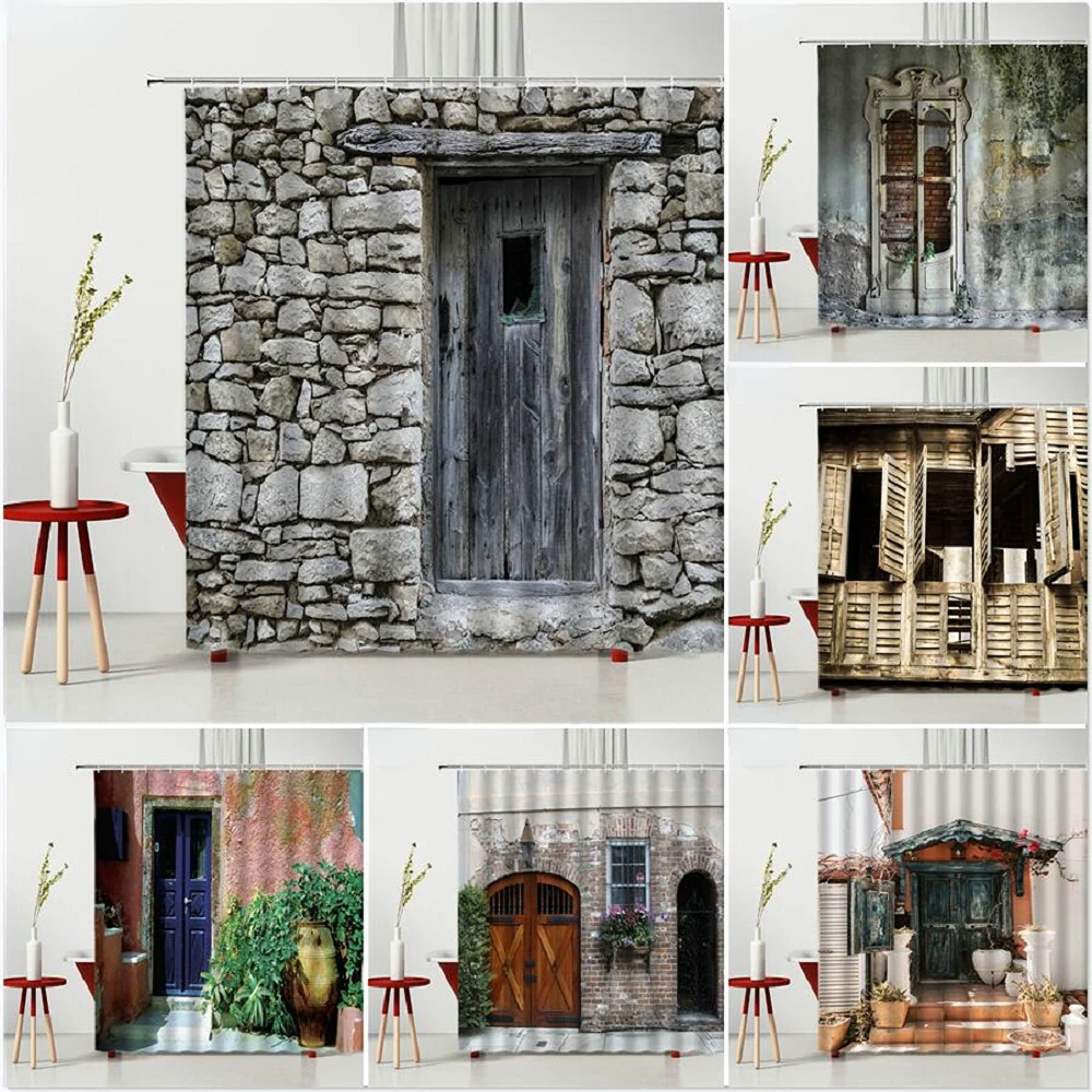 

Shower Curtains with Hooks Retro Old Wooden Door Window Stone Wall Brick Bath Screen Vintage Pattern Printed Bathroom Decoration