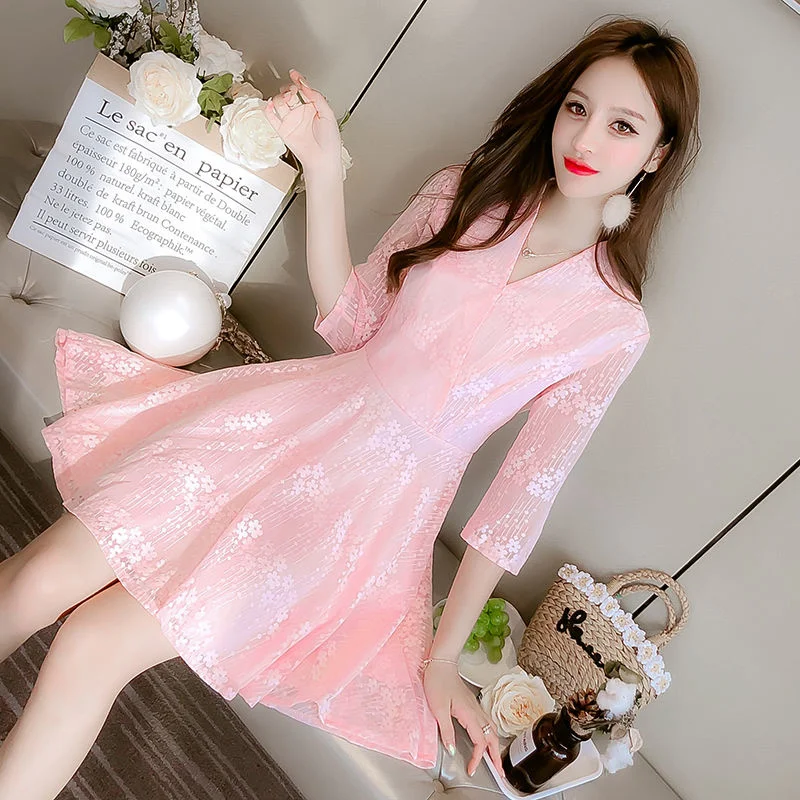 

Женский кружевной сарафан с коротким рукавом, розовое, синее, белое элегантное платье в Корейском стиле с закрывающей талией, лето 2022