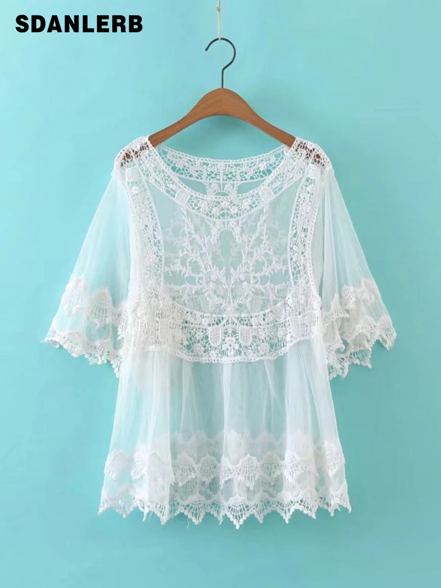 

Summer New Korean Style Elegant Shirt Top Embroidered Lace Blouse Outerwear Women's Cute Mesh Loose Solid Color Clothing