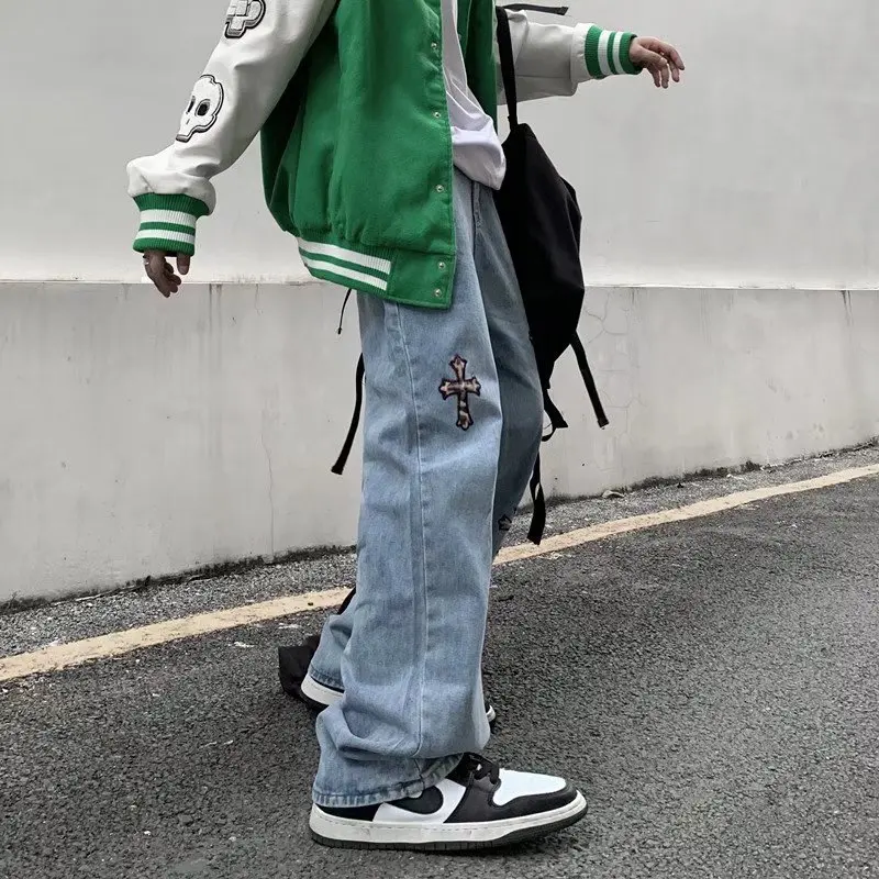 Korean Ins Japanese Street Dark Embroidery Straight Loose White Wide-leg Jeans Men and Women Trend Cargo Pants Women