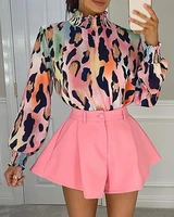 spring autumn 2022 new casual print womens two piece lantern sleeves parallel crepe top and plain shorts set