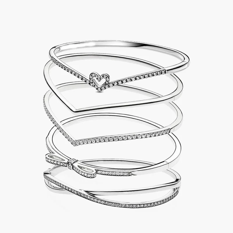 

925 Sterling Silver Cubic Zirconia Bowknot Sparkling Wishbone Bangle Bracelet For Women Original Luxury Jewelry Free Shipping