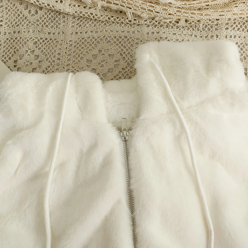 Korean Fashion Loose Faux Fur Woman Drawstring Hooded Plush Winter Coat Female Zipper Long Sleeve Solid Color Top Dropshipping