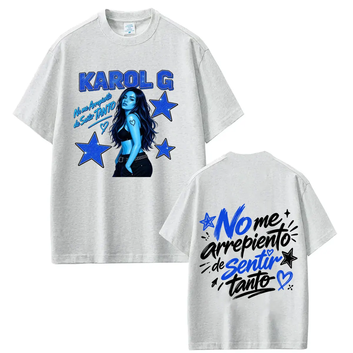 Фото Футболка с принтом Karol G Album No Me Arrepiento De Sentir Tanto 2026 для мужчин и женщин, эстетичная, модная, свободная, повседневная, из хлопка. №2