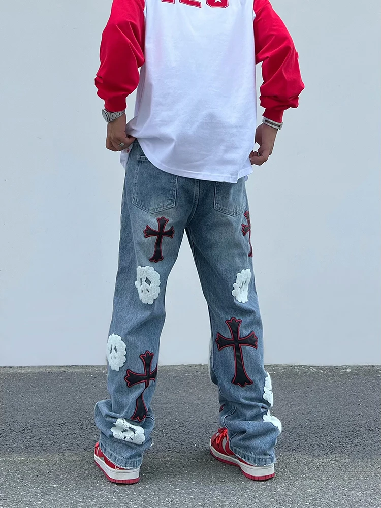 European and American Style Street Embroidery Cross Patch Ripped Men's Jeans High Street Retro Trend Straight Loose Trousers