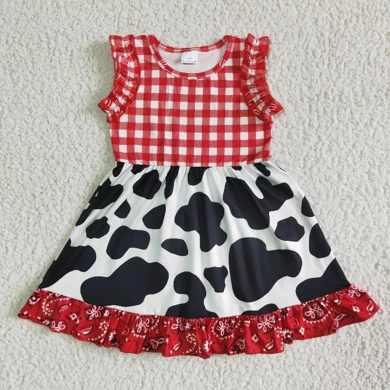 Summer Western Cow Print Boutique Baby Girl Summer New Clothing Wholesale Red Plaid Twirl Dress Children Fashion Toddler Clothes