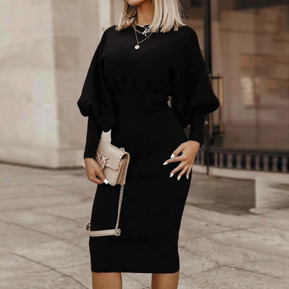 

New Women's Long-sleeved Lantern Sleeves Waist Slim-fitting Hedging Temperament Dress 2021 Autumn and Winter Woman Dresses