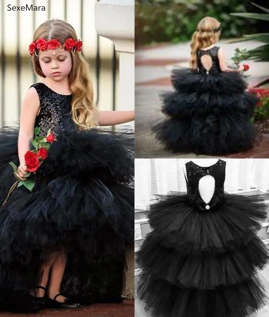 

Ruched Ruffles Tulle Black Flower Girl Dresses New Gothic Weddings Girl Pageant Party Gowns Jewel Neck Keyhole Back