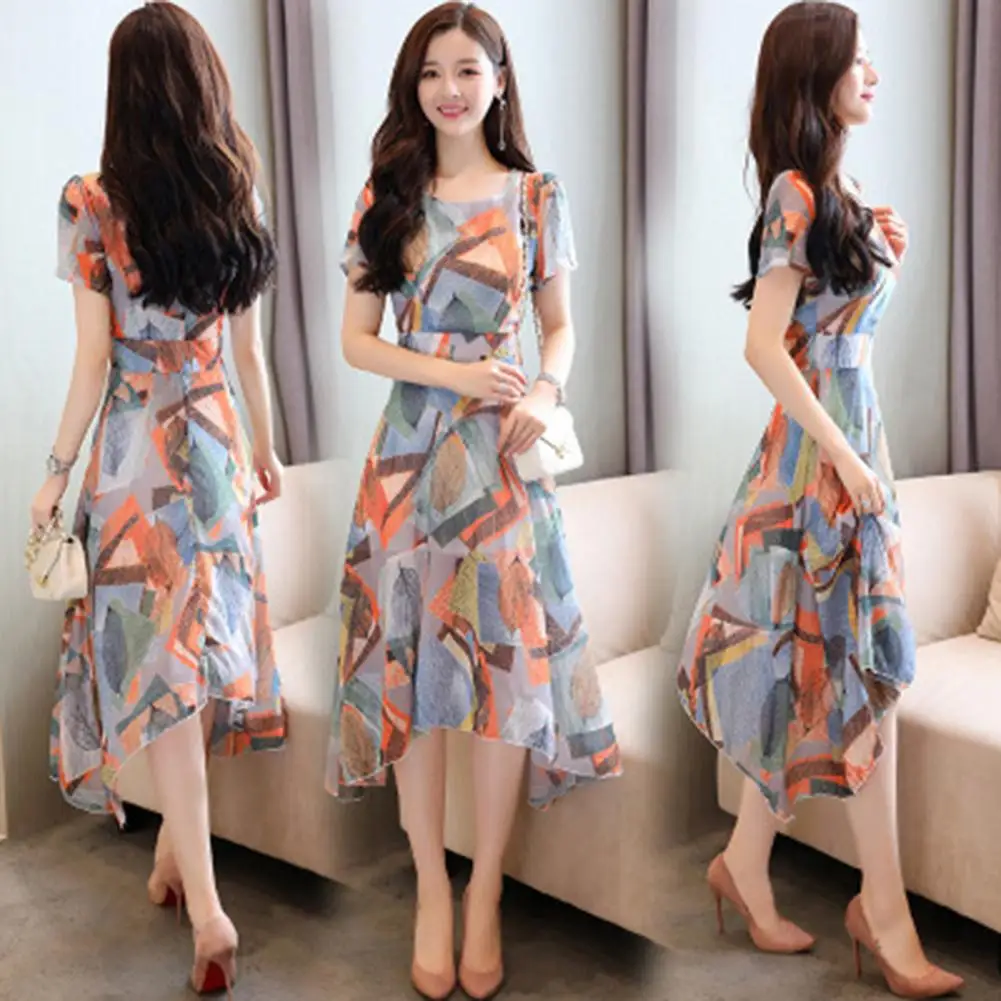 Elegant Printed Summer Dress Slim High Waist Irregular Hem for Beach Vacation  Party Wear