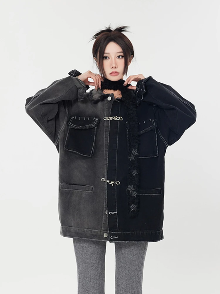 

SHENGPALAE American Color Blocking Denim Jackets Women Gradient Embroidery Vintage Cowboy Coats Oversize 2023 Spring New 5R1074