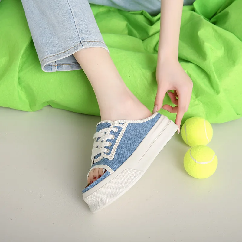 New Summer Comfortable Platform Women's Slippers Fashion Breathable Lace-up Canvas Shoes For Women Non-slip Ladies Casual Shoes