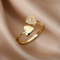 zircon double heart rings for women crystal stainless steel heart love adjustable ring femme aesthetic wedding jewelry gift 2022