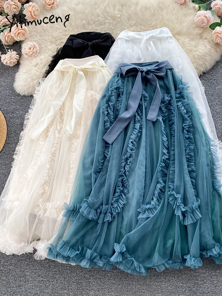 Женская Юбка-миди с поясом на резинке синяя сетчатая однотонная трапециевидная