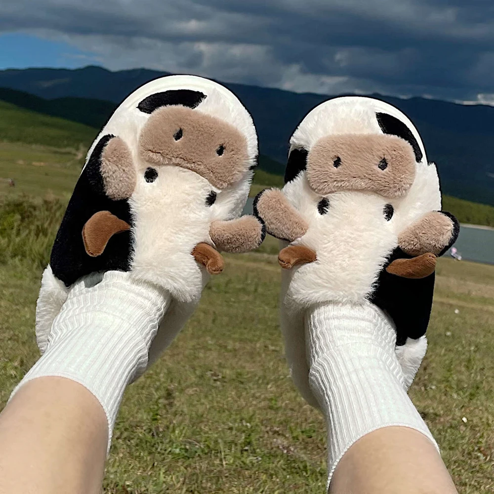

Winter Cute Milk Cow Women Fur Slippers Warm Cover Heel Girls Plush Shoes Indoor Funny Cartoon Ladies Fluffy Slides